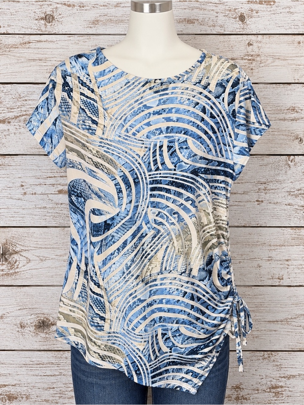 N Touch Womens Abstract Geometric Print Short Sleeve Blouse Blue Teal Size Large